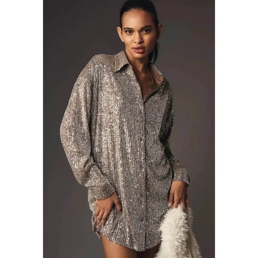 NWT Anthropologie Flat White Sequin Long Sleeve Dress NYE Sparkle Silver XL‎